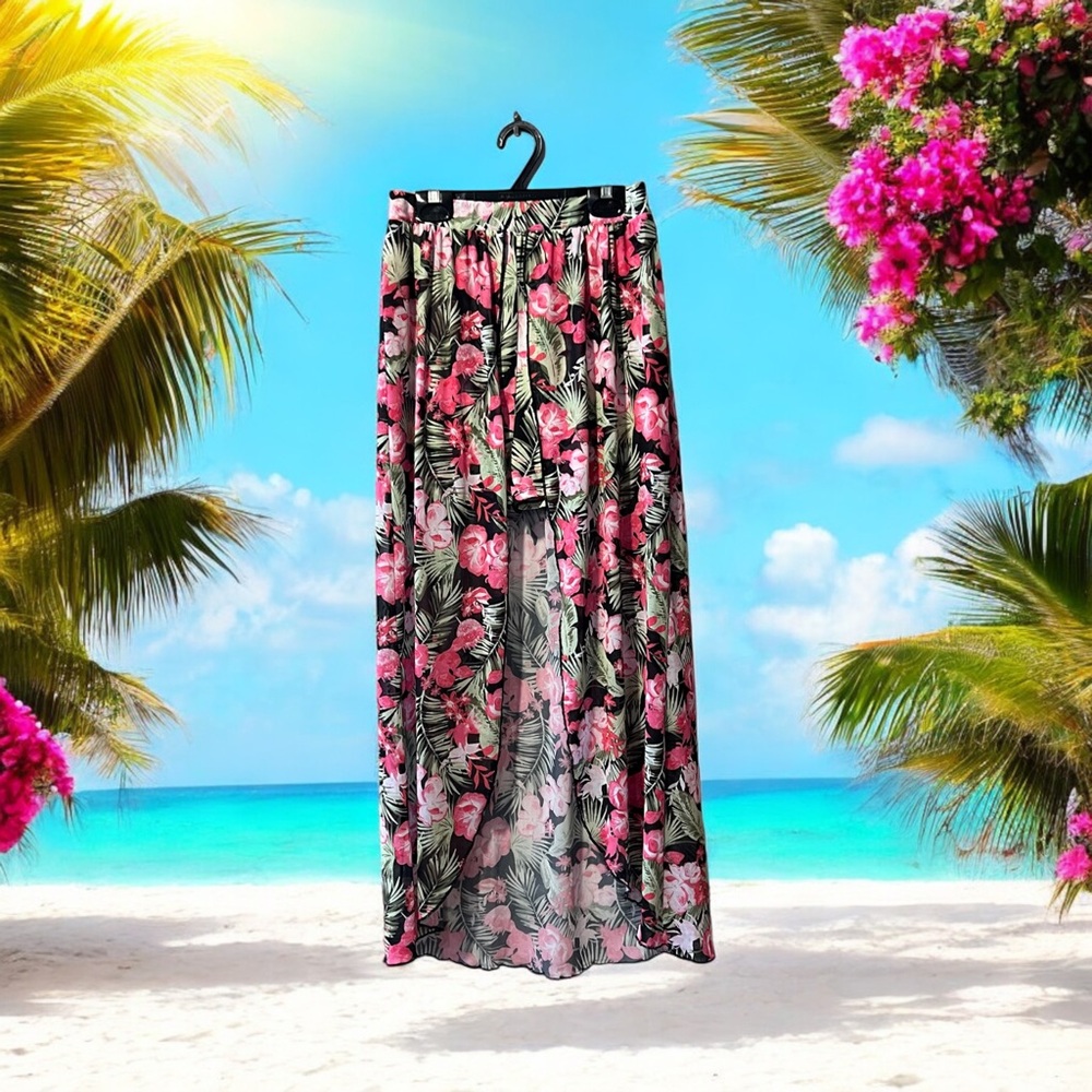 NO BO Tropical Floral Print Shorts with Attached Open Front Skirt